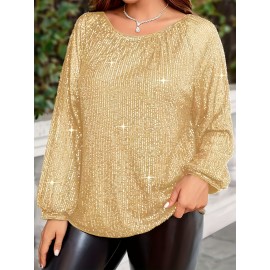Plus Size - Women'S Elegant Golden Sequin Blouse with Ruffled Sleeves - Round Neck, Long Sleeve, Stretchy Blend, Perfect for Casual or Formal Occasions, Formal Attire | Ruffled Sleeve Top | Blend, Plus Size Sequin Top For Women, Plus Size Women Top, Plus Size Women Blouse, Plus Size Women Clothes, Plus Size Women, Top For Women Plus Size, Lady Plus Size Top
