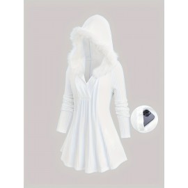 Plus Size - Plus Size Solid Color Surplice Ribbed Textured Fleece Trim Hooded Top