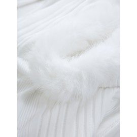 Plus Size - Plus Size Solid Color Surplice Ribbed Textured Fleece Trim Hooded Top