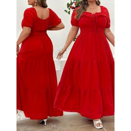 Plus Size, Women's Elegant Casual red dress - - Square Neckline, Flowy A-Line Midi skirt, Easy Everyday & Formal Outfits - - Non-Transparent Smooth Fabric - - Year-Round Wardrobe