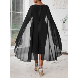 Plus Size, Women's Fashionable and Elegant Batwing Sleeve Mesh Splicing Plus Size Wrap Dress