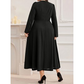 Plus Size - Elegant Plus Size Women'S Solid Color Dress with Front Bow Detail - Comfortable, Breathable, Long Sleeve, Flared Hem, Round Neck, All-Season Wear, Formal Attire|Elegant Dress|Comfortable Fit