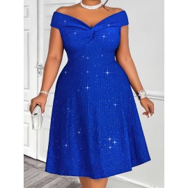 Plus Size - Plus Size, Women'S Plus Size Sexy Twist Off-Shoulder Sparkling A-Line Dress, Suitable for Parties, Cocktail Events, Christmas, Valentine'S Day, Formal Wear, Party Wear