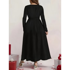 Plus Size, 's Elegant V-Neck Short-to-Medium Length (knee/ankle) A-Line Dress - Wrinkle-Free & Tie Waist, Short Sleeve-like-like Collar-like -like Design (No Bulk), All-Season Wear for Weddings, Parties, or Semi