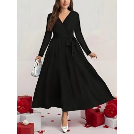 Plus Size, 's Elegant V-Neck Short-to-Medium Length (knee/ankle) A-Line Dress - Wrinkle-Free & Tie Waist, Short Sleeve-like-like Collar-like -like Design (No Bulk), All-Season Wear for Weddings, Parties, or Semi