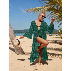 Women's Peacock Green Beach Cover Up Chiffon Flared Sleeve Bikini Sun Shirt Bohemian Style Long Sun Shirt Big Size Holiday Swimwear Cover Up Flutter Flared Sleeve Sun Shirt Ethnic Style Beach Skirt