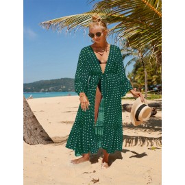Women's Peacock Green Beach Cover Up Chiffon Flared Sleeve Bikini Sun Shirt Bohemian Style Long Sun Shirt Big Size Holiday Swimwear Cover Up Flutter Flared Sleeve Sun Shirt Ethnic Style Beach Skirt