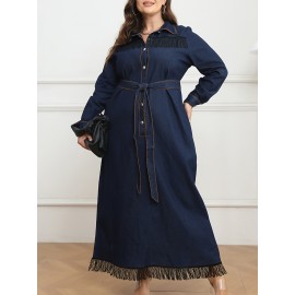 Plus Size Casual Long Sleeve Tunic Dress, Cotton Blend, Slight Stretch, Solid Color, Loose Fit, with Lapel Collar, Tassel Detail, for Fall/Winter