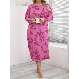 Plus Size Plant Print Crew Neck Dress, Casual Long Sleeve Long Dress For Spring & Fall, Women's Plus Size Clothing