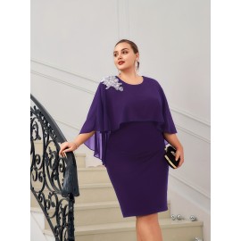 Women Plus Size Chiffon Overlay Decorated Party Dress Crew Neck Bodycon Dress