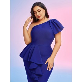 Plus Size One Shoulder Ruffle Trim Dress, Casual Short Sleeve Bodycon Dress, Women's Plus Size Clothing