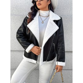 Plus Size Women's Full-Zip Motorcycle Jacket with Horseback Riding Zipper, Biker Coat, Warm Winter Outerwear, White & Collar - Casual & Motorcycle Riding (Curvy Female)