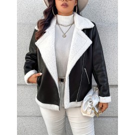 Plus Size Women's Full-Zip Motorcycle Jacket with Horseback Riding Zipper, Biker Coat, Warm Winter Outerwear, White & Collar - Casual & Motorcycle Riding (Curvy Female)