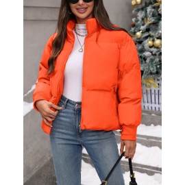 Women's Plus Size Winter Elegant Outerwear Coat - Full-Length Zipper Front Closure, Stand Collar H-Line Silhouette, Machine Washable Solid Color Jacket for Cold Weather, Casual & Dressy Occasions