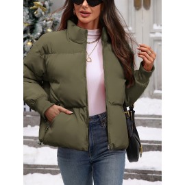 Women's Plus Size Winter Elegant Outerwear Coat - Full-Length Zipper Front Closure, Stand Collar H-Line Silhouette, Machine Washable Solid Color Jacket for Cold Weather, Casual & Dressy Occasions