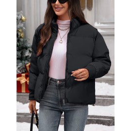 Women's Plus Size Winter Elegant Outerwear Coat - Full-Length Zipper Front Closure, Stand Collar H-Line Silhouette, Machine Washable Solid Color Jacket for Cold Weather, Casual & Dressy Occasions