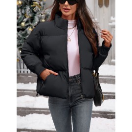 Women's Plus Size Winter Elegant Outerwear Coat - Full-Length Zipper Front Closure, Stand Collar H-Line Silhouette, Machine Washable Solid Color Jacket for Cold Weather, Casual & Dressy Occasions