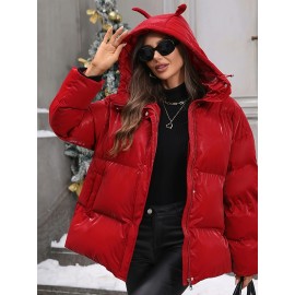 Women's Winter Hooded Jacket - Non-Stretch Outer Coat, Full-Length Zipper Front Closure, Machine Washable Cold Weather Outerwear for Everyday & Formal Events - Women's Outerwear, Ladies Winter Coats, Sleek Fabric Design, Classic Coat, Durable Material, Professional Women
