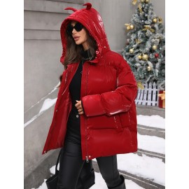 Women's Winter Hooded Jacket - Non-Stretch Outer Coat, Full-Length Zipper Front Closure, Machine Washable Cold Weather Outerwear for Everyday & Formal Events - Women's Outerwear, Ladies Winter Coats, Sleek Fabric Design, Classic Coat, Durable Material, Professional Women
