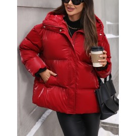 Women's Winter Hooded Jacket - Non-Stretch Outer Coat, Full-Length Zipper Front Closure, Machine Washable Cold Weather Outerwear for Everyday & Formal Events - Women's Outerwear, Ladies Winter Coats, Sleek Fabric Design, Classic Coat, Durable Material, Professional Women