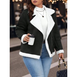Plus Size Women'S Color Block Lapel Collar Zip-Up Jacket - Warm Fleece-Lined Casual Outerwear with Front Pockets, Solid Color Design for Fall/Winter, Cozy Layering Piece, Winter Jacket, Fall Fashion, Sporty Style, Durable Fabric