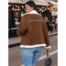 Plus Size Women'S Color Block Lapel Collar Zip-Up Jacket - Warm Fleece-Lined Casual Outerwear with Front Pockets, Solid Color Design for Fall/Winter, Cozy Layering Piece, Winter Jacket, Fall Fashion, Sporty Style, Durable Fabric