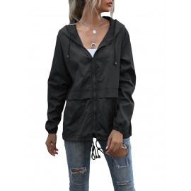 Women's Water-Resistant Hooded Jacket - Solid Color, Zip-Up with Drawstring Detail, Casual Polyester Coat for Spring/Fall, Machine Washable - Sizes L to XXL