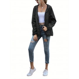 Women's Water-Resistant Hooded Jacket - Solid Color, Zip-Up with Drawstring Detail, Casual Polyester Coat for Spring/Fall, Machine Washable - Sizes L to XXL