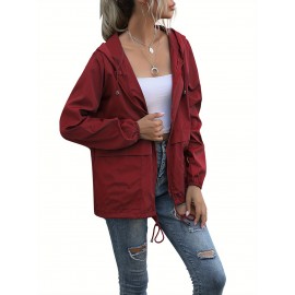 Women's Water-Resistant Hooded Jacket - Solid Color, Zip-Up with Drawstring Detail, Casual Polyester Coat for Spring/Fall, Machine Washable - Sizes L to XXL
