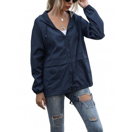 Women's Water-Resistant Hooded Jacket - Solid Color, Zip-Up with Drawstring Detail, Casual Polyester Coat for Spring/Fall, Machine Washable - Sizes L to XXL