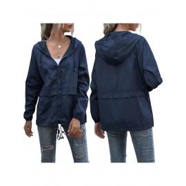 Women's Water-Resistant Hooded Jacket - Solid Color, Zip-Up with Drawstring Detail, Casual Polyester Coat for Spring/Fall, Machine Washable - Sizes L to XXL