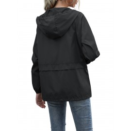 Women's Water-Resistant Hooded Jacket - Solid Color, Zip-Up with Drawstring Detail, Casual Polyester Coat for Spring/Fall, Machine Washable - Sizes L to XXL