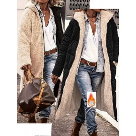 Women'S Plus Size Hooded Winter Coat, Solid Color Polyester 100% Long Sleeve Thick Warm Windproof Casual Street Style Jacket with Pockets, Non-Stretch Woven Fabric, for Autumn and Winter