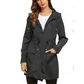 1pc Women's Plus Size Casual Hooded Drawstring Long Coat Jacket, Polyester Solid Color Regular Sleeve Open Front Split Hem Trench for All Seasons