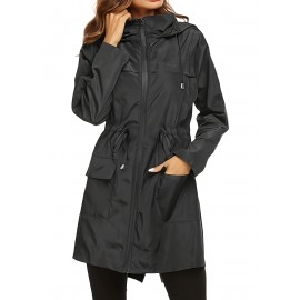 1pc Women's Plus Size Casual Hooded Drawstring Long Coat Jacket, Polyester Solid Color Regular Sleeve Open Front Split Hem Trench for All Seasons