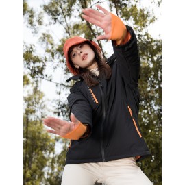 1pc Women'S Windproof Water-Resistant Breathable Casual Outdoor Sports Jacket, 100% Polyester Hooded Thickened Climbing Coat, Long Sleeve Winter Sports Apparel with Zipper and Alphabet Pattern