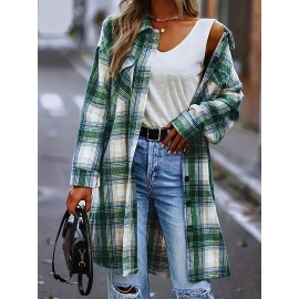 Women's Plus Size Plaid Button-Up Shirt Style Trench Coat, Casual Long Sleeve Open-front Overcoat with Pockets, Vintage-Inspired Polyester Woven All-Season Jacket