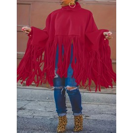 [Plus Size Tassel Top] Plus Size Women's Tassel Top - Vibrant Red Retro Chic Oversized High Neck Long Sleeve Blouse | Batwing Sleeves, Flowy Fabric, Stretchy Machine-Washable | Party & Banquet, Festive Outfit, Fall/Winter Fashion, Casual & Formal Events