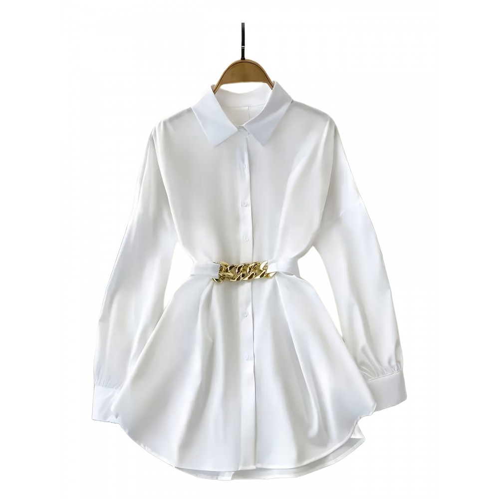 Plus Size, Women's Elegant Blouse Shirt - Long Sleeve Button-up top with Belt Accent, Non-Stretchy Fabric for Formal & Everyday Outfits - Office, Party, Casual Chic Outfits - Machine Washable Women's Clothing, Office Attire, Classic Collar, Polished Look, Stylish Top, Professional Women